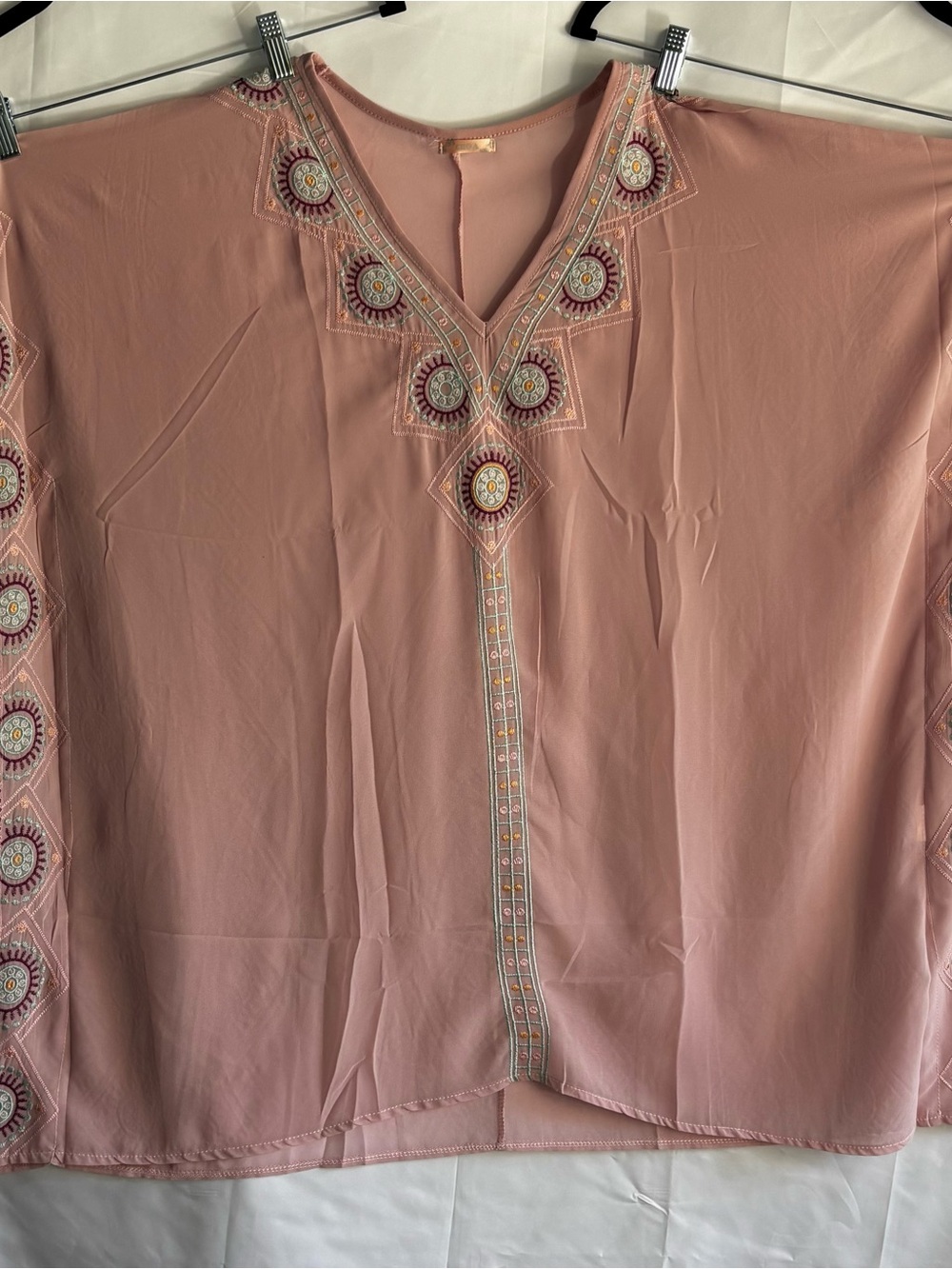 Embroidered V‑Neck Peasant Blouse - Pink